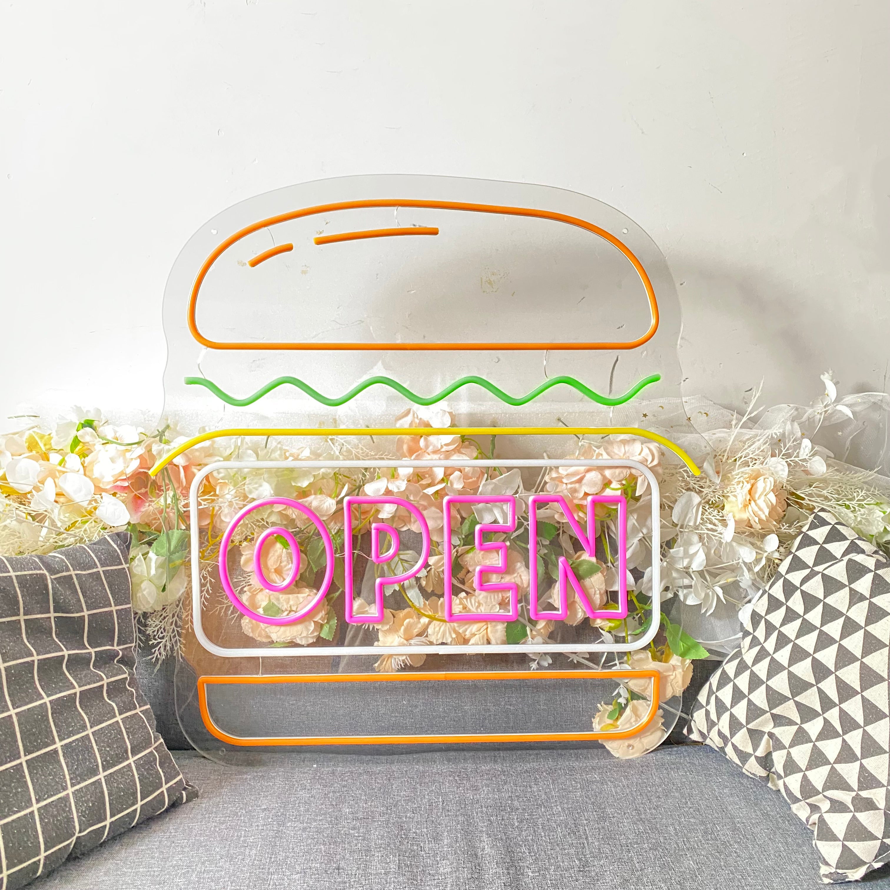 OPEN combine with hamburger Fast Food Shop Decoration