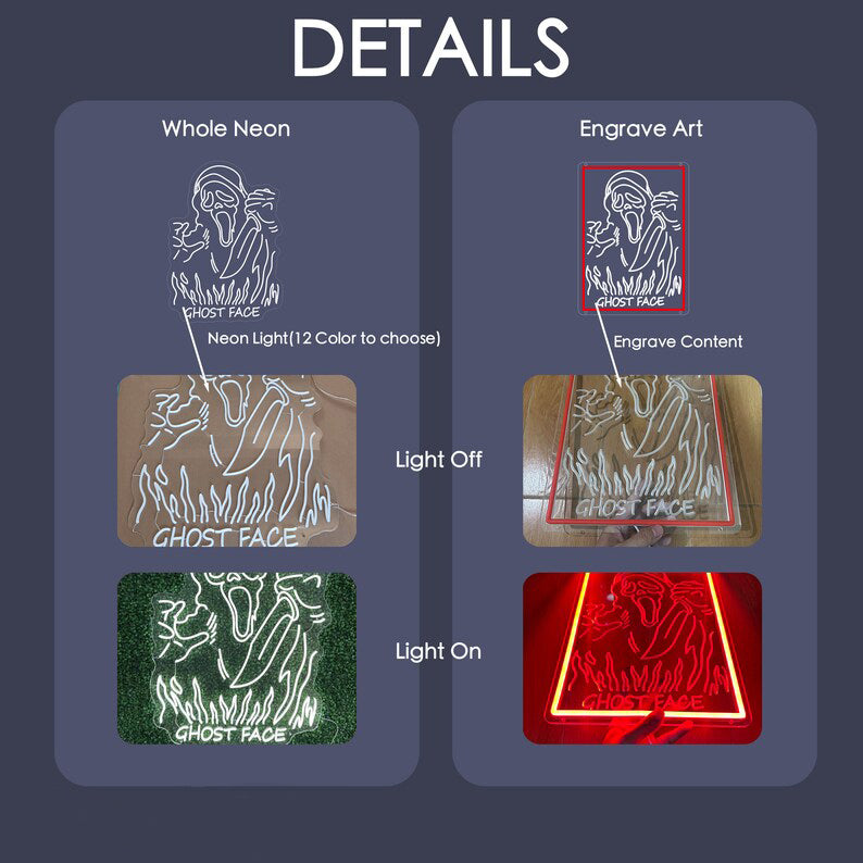 Ghost Face Neon Sign,Custom Halloween Ghost Neon Light Sign,Engrave Spooky Skull Neon Sign Art,Scary Halloween Party Decor,Gift for Him