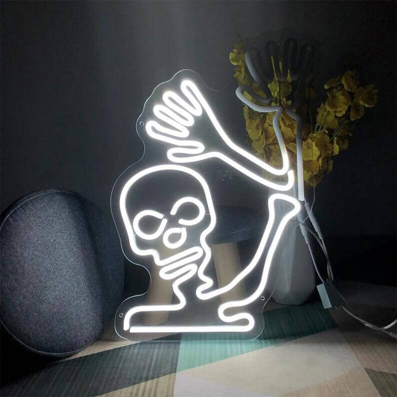 Skull Skeleton with Flashing Sparkling Hand Halloween Neon Sign