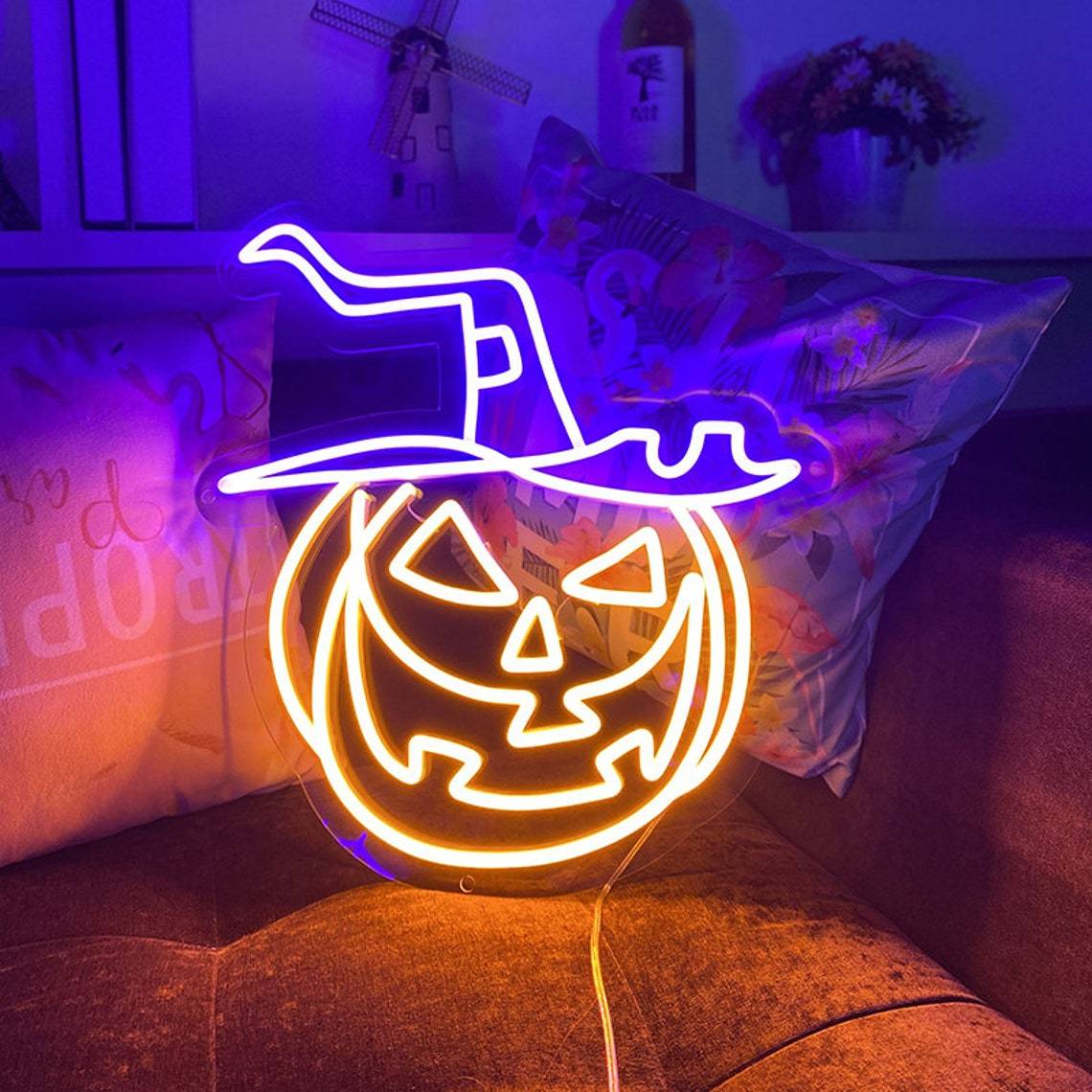 Pumpkin Witch Hat Halloween Neon Sign Light