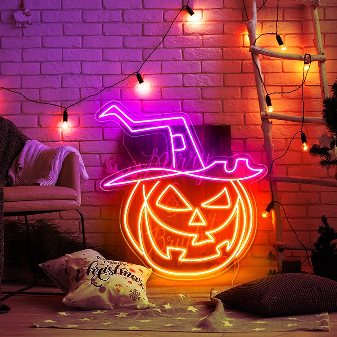 Pumpkin Witch Hat Halloween Neon Sign Light