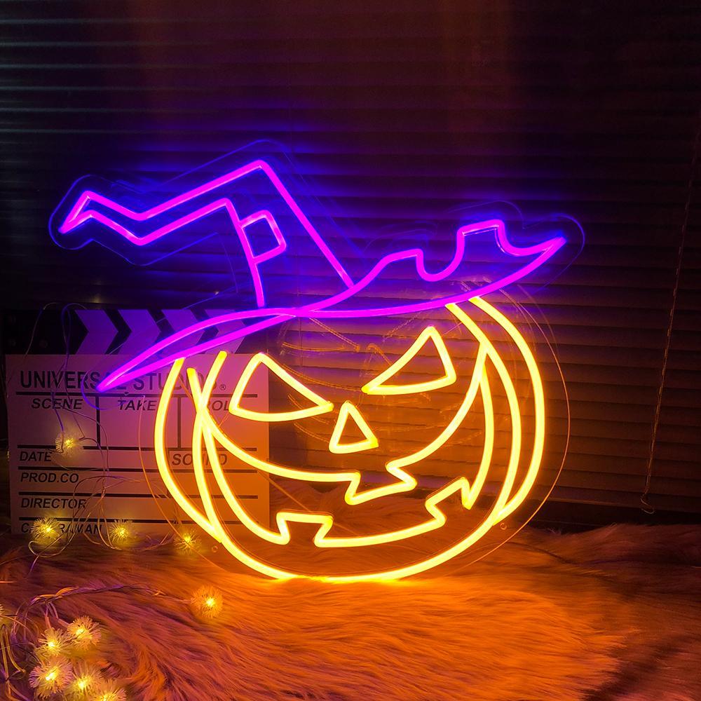 Evil Pumpkin With Hat Neon Sign
